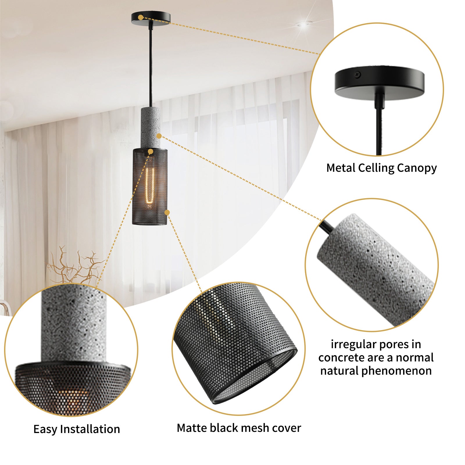 Lighten Chance 1 Pack Modern Mini Pendant Light Fixture with Concrete and 4" Black Metal Lamp Shade, Hanging Ceiling Lighting Lampshade Kitchen Island for Bedroom Dining Room Restaurant