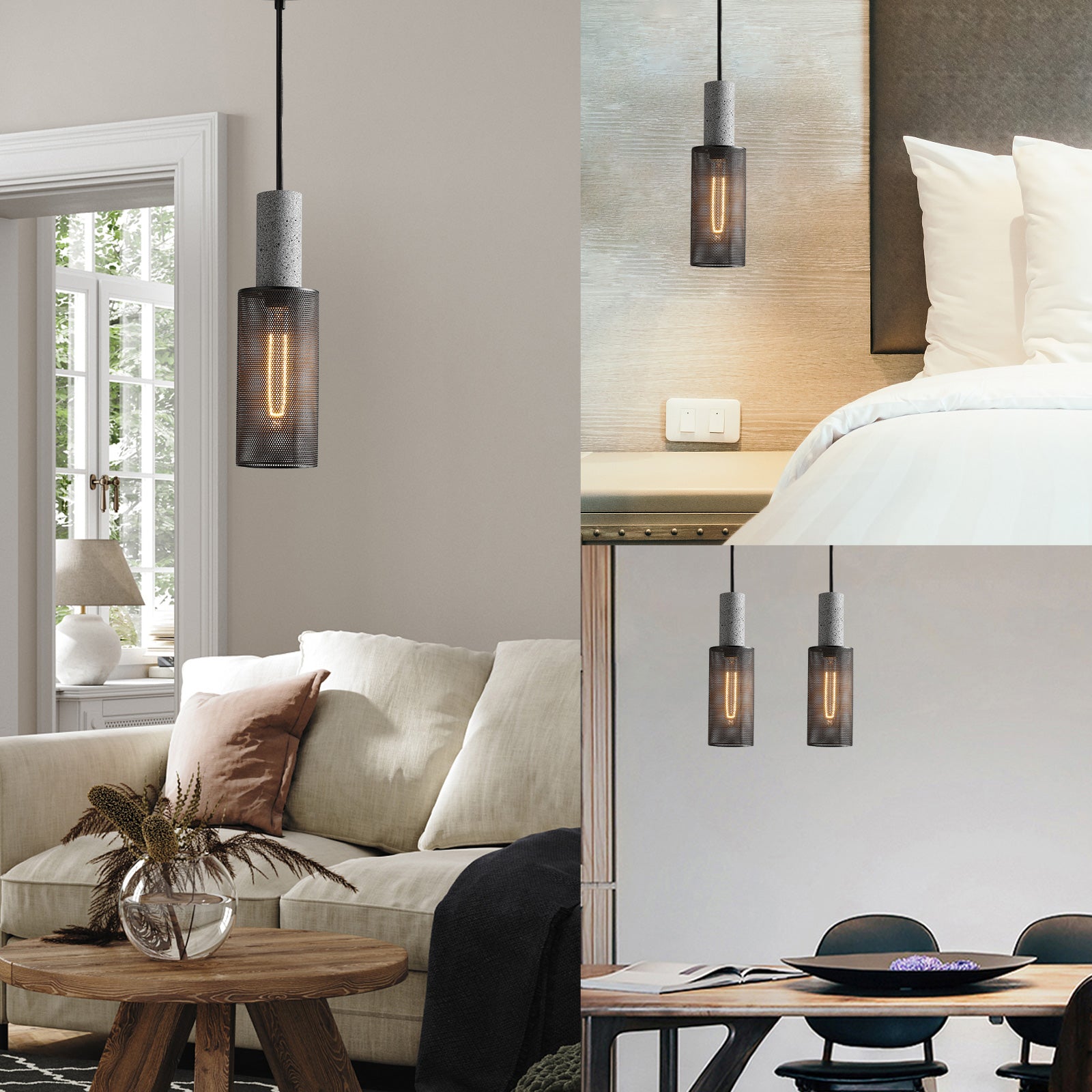 Lighten Chance 1 Pack Modern Mini Pendant Light Fixture with Concrete and 4" Black Metal Lamp Shade, Hanging Ceiling Lighting Lampshade Kitchen Island for Bedroom Dining Room Restaurant