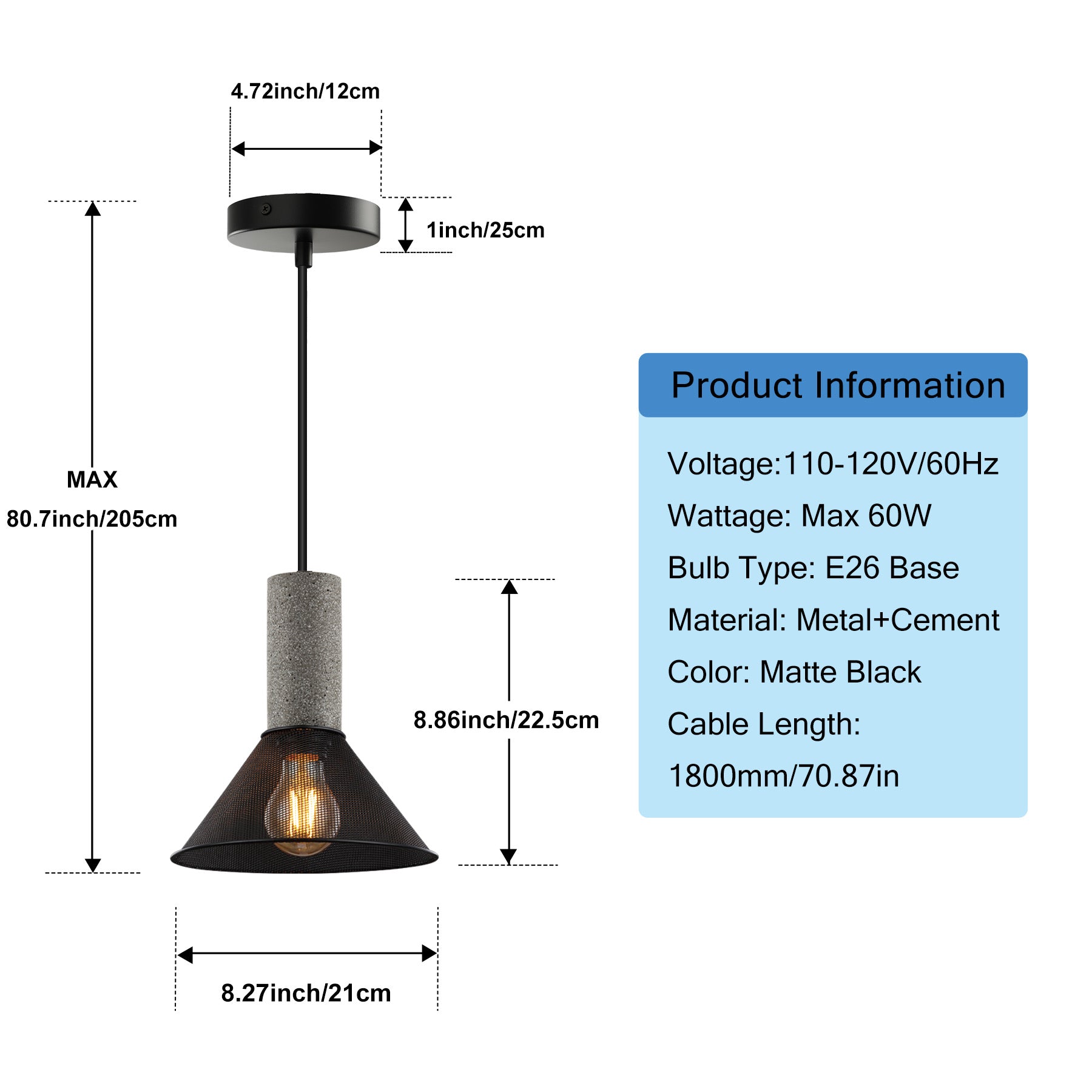 Lighten Chance 1 Pack Modern Black Pendant Light Fixture, 8.25" Industrial Rustic Hanging Lamp, Adjustable Ceiling Island Lighting Fixture For Bedroom Living Room Kitchen Sink Cafe