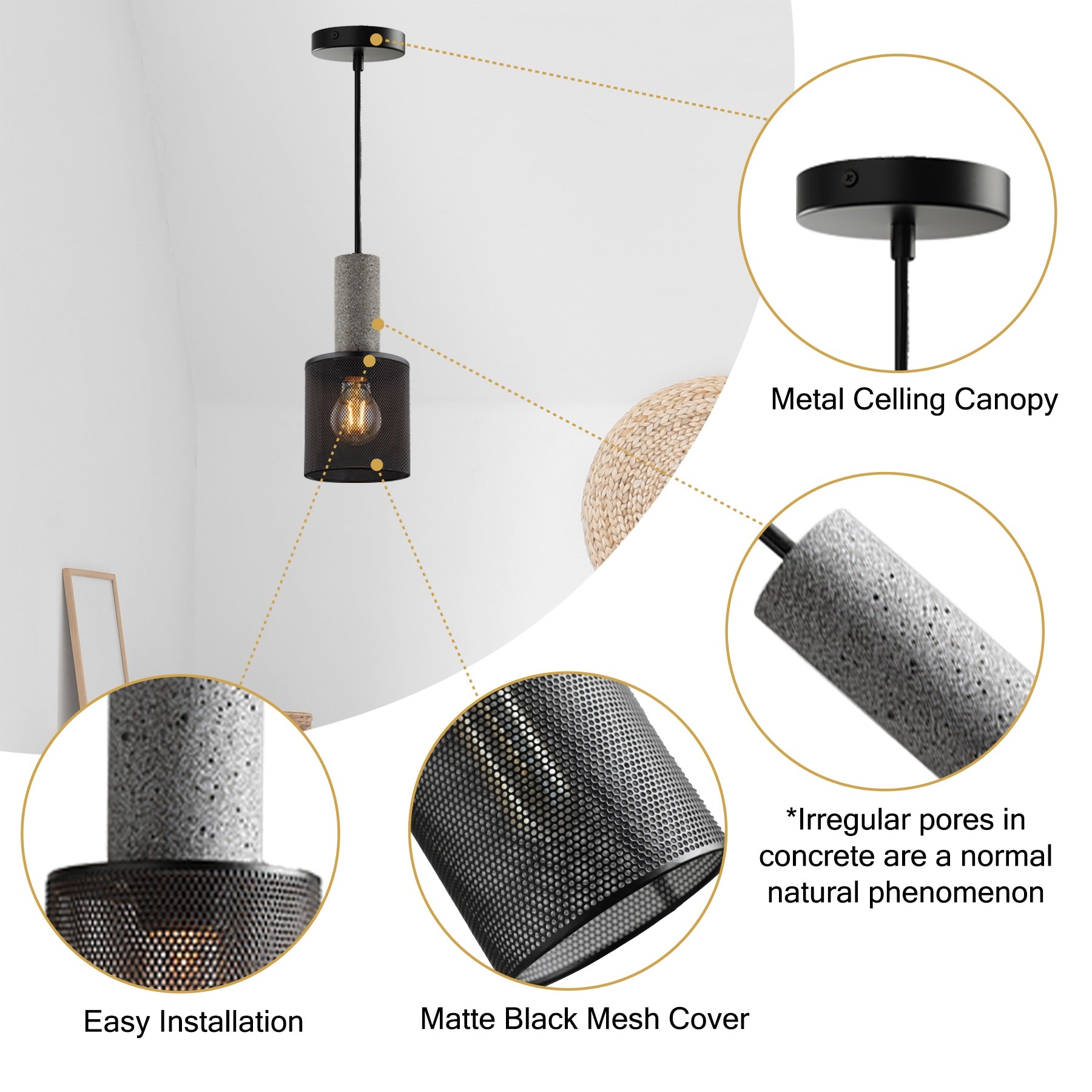 Lighten Chance 1 Pack 4.71" Modern Black Pendant Light, Adjustable Hanging Ceiling Lighting Fixture with Concrete, Industrial Metal Lampshade Lamp Over Kitchen Island for Dining Room, Hallway