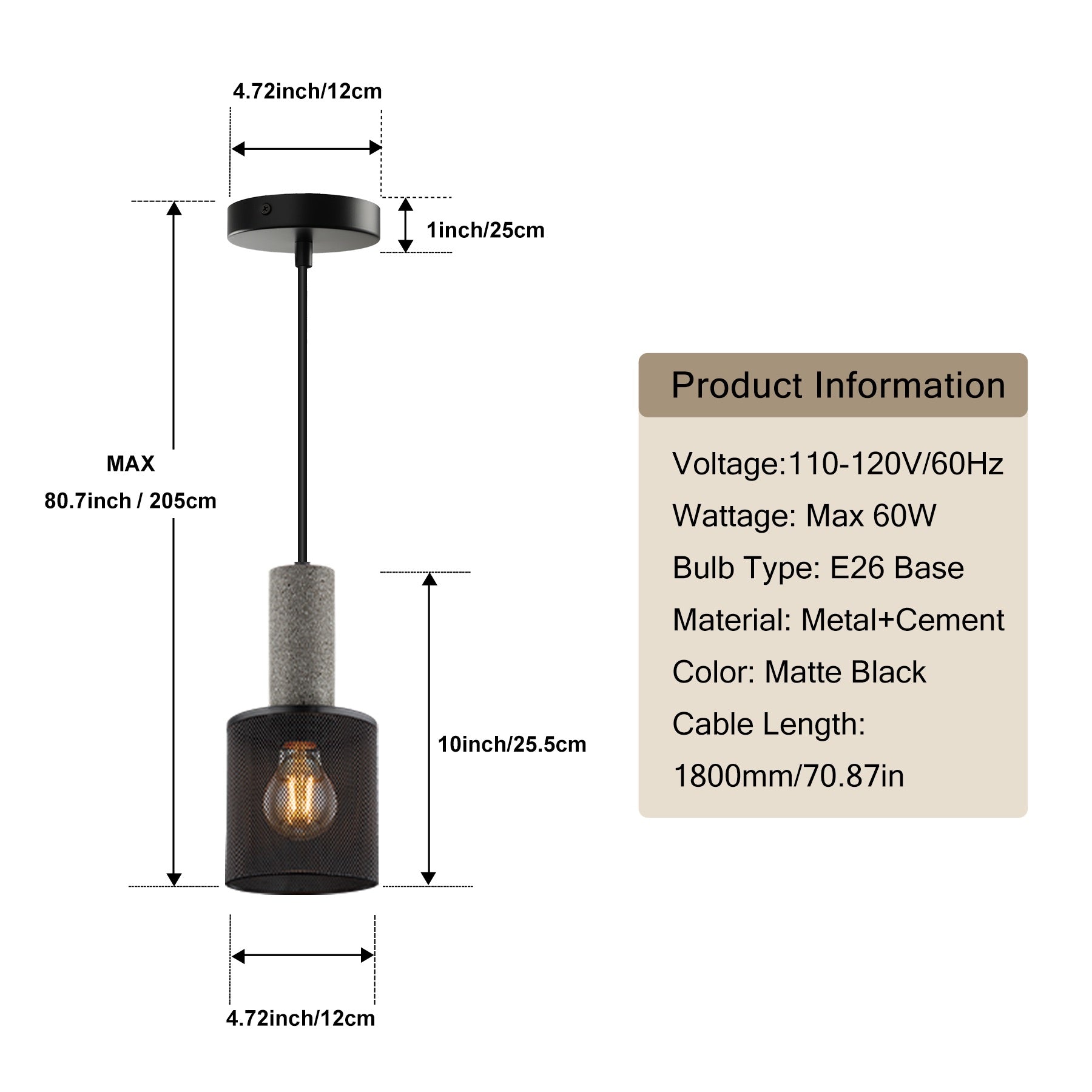 Lighten Chance 1 Pack 4.71" Modern Black Pendant Light, Adjustable Hanging Ceiling Lighting Fixture with Concrete, Industrial Metal Lampshade Lamp Over Kitchen Island for Dining Room, Hallway